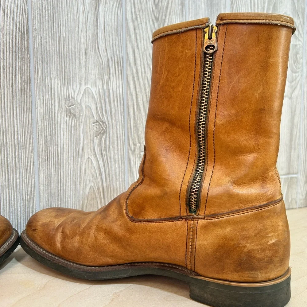 Vintage Sheboygan Burnt Orange Leather Side Zip Fleece Lined Utility Boots 9.5